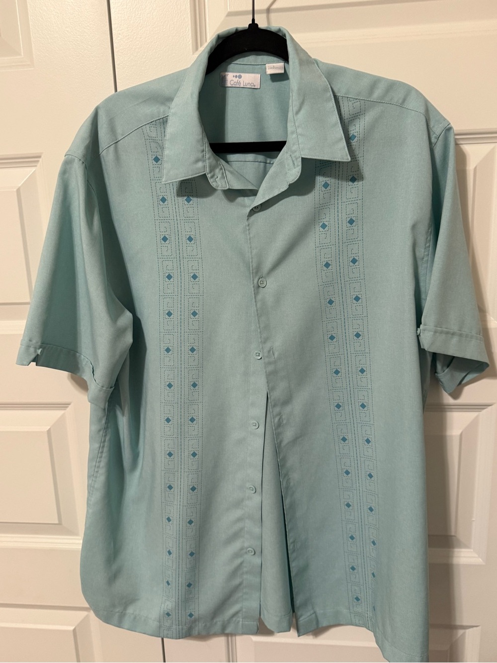 Café Lunae Men's Light Aqua Short-Sleeve Embroidered Button-Down Shirt